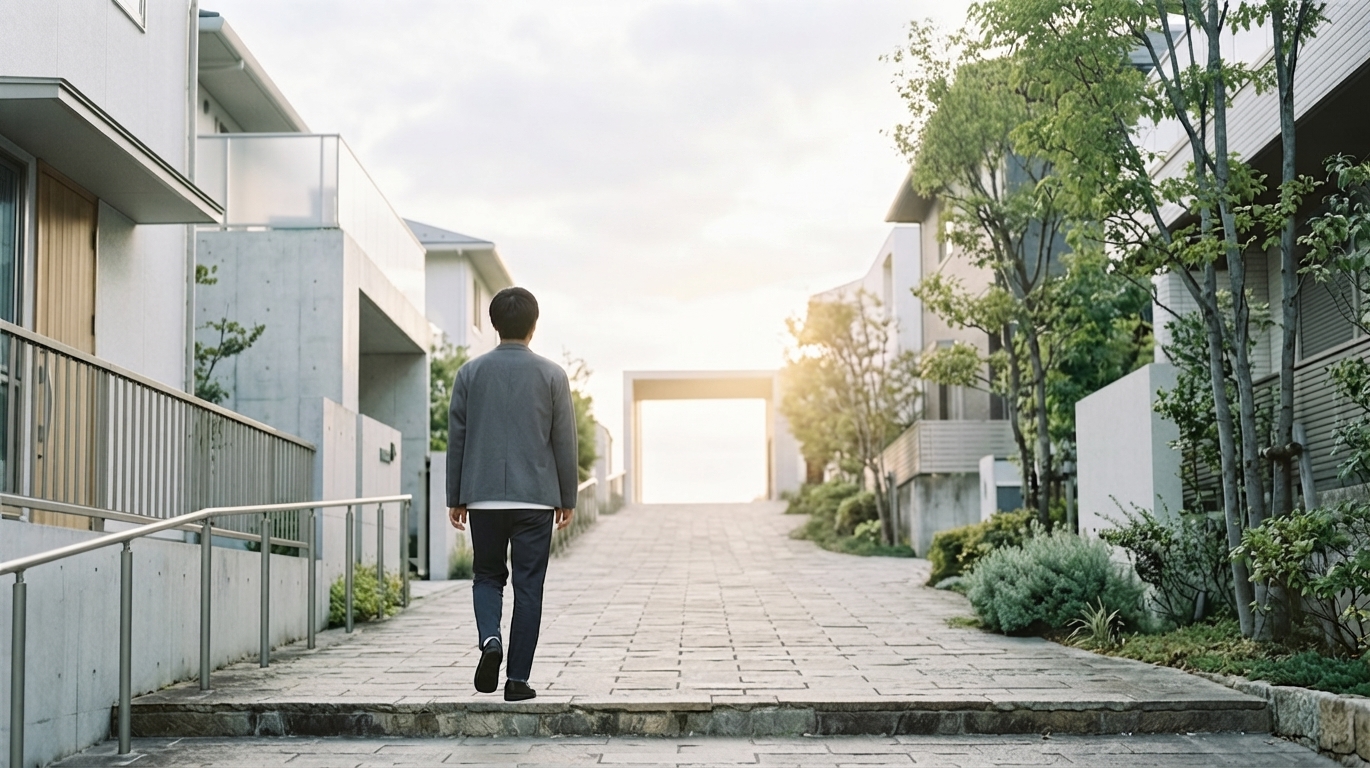 光の差し込む建物の間の小径を歩く人物の後ろ姿